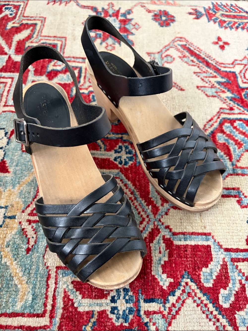 Swedish Hasbeens Black Leather Woven Wedge Sandals
